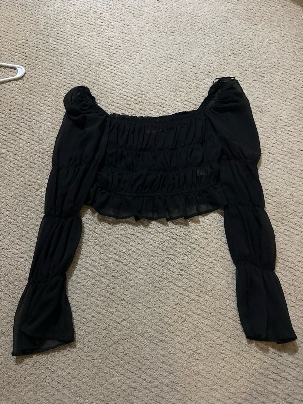 Sheer Black Smocked Peasant Crop Top - rouched